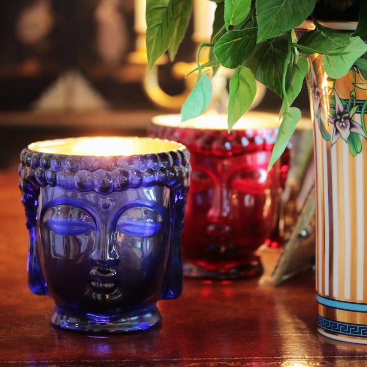 Caesonia | Sapphire Blue Caesonia Glass Buddha Candle Lined with 24K Gold